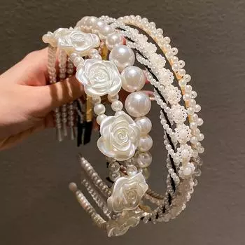 Изысканные обручи для волос с искусственным жемчугом и цветами, модные аксессуары для волос, праздничный стиль, идеальные подарки для девочек