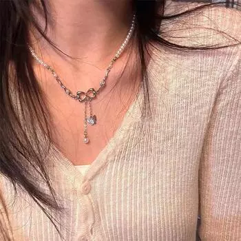 Изысканные ожерелья с подвеской в виде жемчуга и банта для женщин и девочек, элегантные легкие роскошные ювелирные изделия на ключицу, аксессуары 1pc