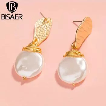 Изысканные плоские серьги-гвоздики BISAER с искусственным жемчугом для женщин, ювелирные украшения Earring