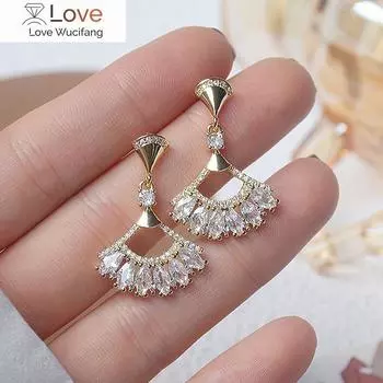 Изысканные полые веерные серьги из циркония с медной инкрустацией, 14-каратное настоящее золото, гальваническое покрытие, женские выпускные серьги, корейские ювелирные изделия белый