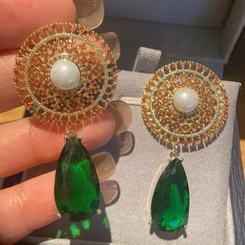 Изысканные роскошные серьги из серебра 925 пробы с иглами и преувеличенными каплями воды для женщин, пресноводный жемчуг, циркон, длинные серьги, ювелирные изделия, подарок зелёный