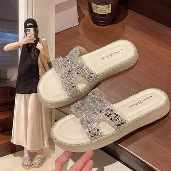 Изысканные сандалии на плоской подошве со стразами: Летние пляжные тапочки в стиле феи для женщин 39 серебряный