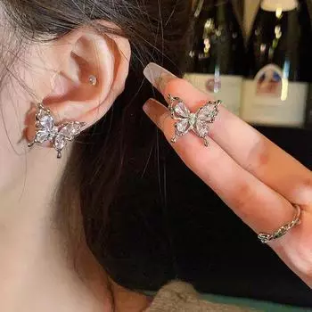 Изысканные серьги-бабочки из серебра 925 пробы с цирконами и ажурным узором для женщин E6109 серебряный