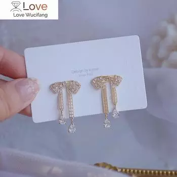 Изысканные серьги-бантики из циркония с медной инкрустацией, женские серьги для выпускного вечера, свадьбы, позолоченные 14 карат, корейские ювелирные изделия белый
