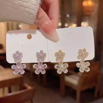 Изысканные серьги-цветы из циркония из серебра 925 пробы — элегантный, высококачественный двусторонний дизайн для женщин E5573 золотой