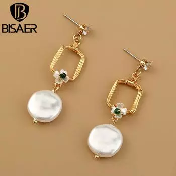 Изысканные серьги-гвоздики BISAER с квадратной петлей из искусственного жемчуга для женщин, ювелирные украшения