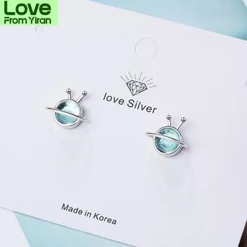 Изысканные серьги-гвоздики из стерлингового серебра 925 пробы с синей планетой Вселенной, милые серьги для молодых девушек, подарки S-E907