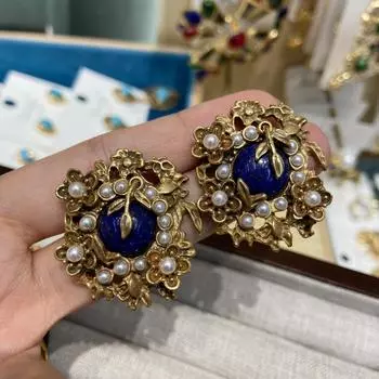 Изысканные серьги-гвоздики с барочным жемчугом, серьги-гвоздики с натуральным лазуритом и цветочным каскадом из тигрового глаза