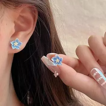 Изысканные серьги-гвоздики с маленьким цветком, элегантные металлические серьги с картиной маслом, индивидуальные серьги для женщин, модные вечерние ювелирные изделия, подарки синий