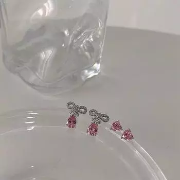 Изысканные серьги-гвоздики с розовым цирконием в форме банта, романтические серьги в форме сердца для женщин, свадебные украшения на День святого Валентина, подарки