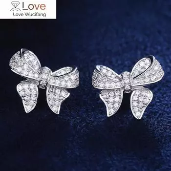 Изысканные серьги-гвоздики в виде банта для женщин, серебряного цвета, полностью украшенные блестящими кубическими цирконами, модные ювелирные изделия хорошего качества белый