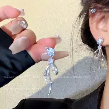 Изысканные серьги-кисточки из серебра 925 пробы с цирконами в форме звезд и бантиков A1790 серебряный