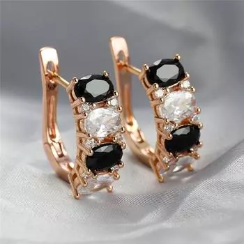 Изысканные серьги-клипсы овальной огранки с черным, белым камнем, милые серьги-кольца розового/желтого золота для женщин, очаровательные свадебные серьги золотой