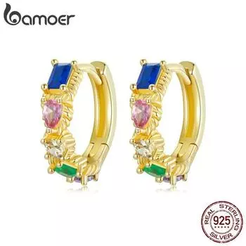 Изысканные серьги-кольца BAMOER из стерлингового серебра 925 пробы с фианитами, позолоченные 14 карат круглые серьги-манжеты с оборками и бусинами, индивидуальный подарок BSE974