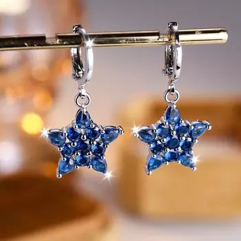 Изысканные серьги-подвески с круглым цирконием в форме синей звезды для женщин, серебряного цвета, уникальный подарок, украшения для вечеринок для женщин серебряный/синий
