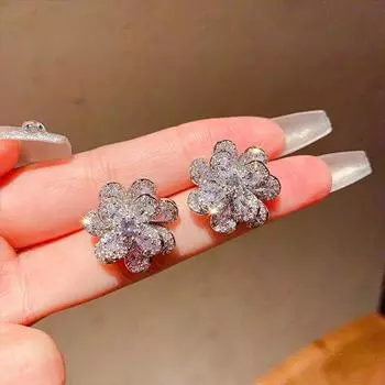 Изысканные серьги-пусеты с трехмерным цветком из циркона, дизайн для особых случаев, модные, изящные, универсальные, ювелирные украшения для ушей Silver A- 85