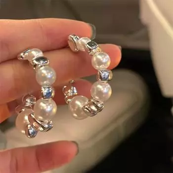 Изысканные серьги в форме буквы C, нерегулярные серебряные серьги с бусинами и жемчугом, полукруглые серьги для женщин, украшения для вечеринок onesize