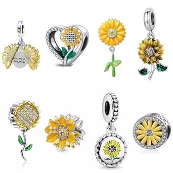 Изысканные серебряные 925 пробы, бусины на удачу, подходят для темпераментного браслета, брелок, ожерелье, ювелирные изделия, подвески в виде подсолнуха, амулет
