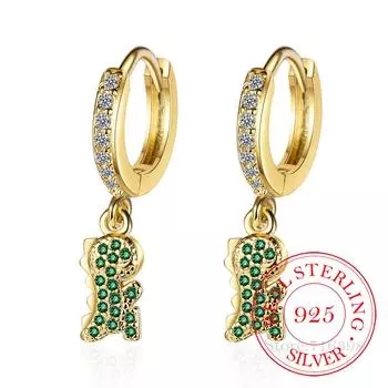 Изысканные ювелирные изделия, золотые серьги из стерлингового серебра 925 пробы с зелеными кристаллами, милые серьги с динозаврами, корейские простые висячие серьги для девочек