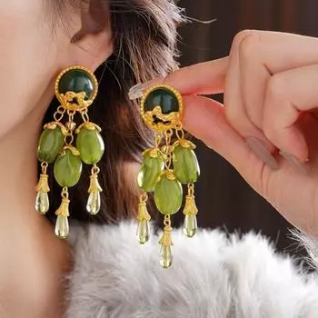 Изысканные зеленые серьги-капли с золотой отделкой, винтажные серьги, покачивающиеся женские украшения для ушей для женщин зелёный/золотой