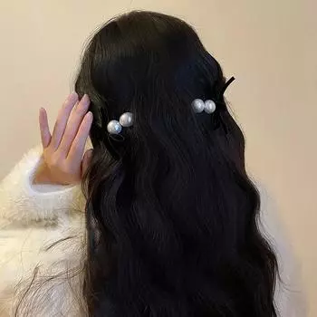 Изысканные жемчужные заколки-банты для челки с черным бархатным зажимом-утконосом One Size