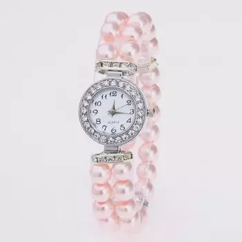 Изысканные женские повседневные часы с круглыми бриллиантовыми акцентами и стеклянным жемчужным браслетом розовый