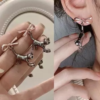 Изысканные женские серьги «Маленький кот», новый маленький дизайн, серьги с цирконом в виде черного кота и розового галстука-бабочки