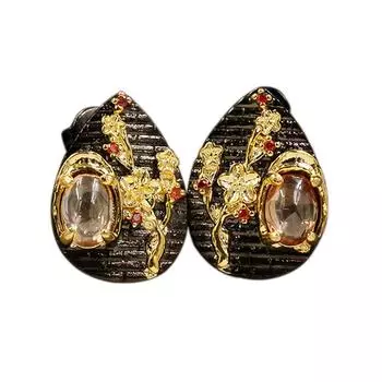 Изысканные золотые серьги с цветком, блестящие женские серьги с натуральными кристаллами, черное золото, стильные итальянские дизайнерские оригинальные ювелирные изделия чёрный