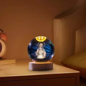 Изысканный 3D гравированный хрустальный шар-ночник с деревянной основой и зарядкой через USB, идеально подходит для декора спальни Cross Blessing