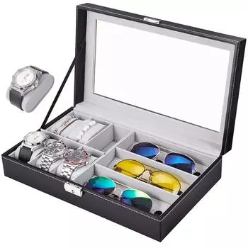 Изысканный 6-слотовый ящик для часов, чехол для ювелирных изделий из искусственной кожи, 3 слота, чехол для хранения очков, витрина-органайзер для мужчин и женщин, черный 01-Black