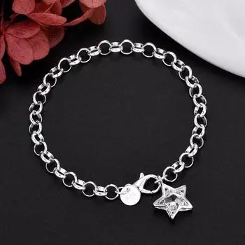 Изысканный браслет из стерлингового серебра 925 пробы, цепочка со звездами и кристаллами для женщин, роскошные модные вечерние свадебные украшения для влюбленных, подарок, подвески 20cm 8inches серебряный