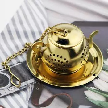 Изысканный чайник в форме цветка специй, ситечко для заваривания чая из нержавеющей стали, позолоченный подвесной фильтр на цепочке, кухонные принадлежности для чая