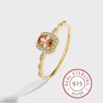 Изысканный дизайн подлинного серебра S925 пробы с четырьмя зубцами цвета шампанского геометрическое ювелирное кольцо для женщин кольца с цирконием 6 золотой