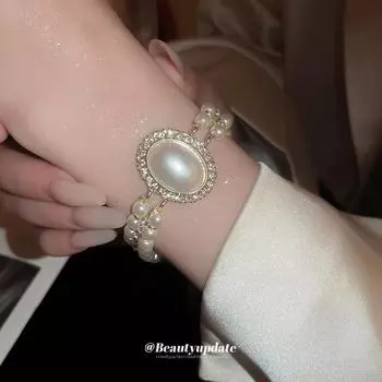 «Изысканный двухслойный браслет с бриллиантами и французским жемчугом в дворцовом стиле» золотой