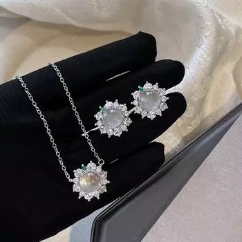 «Изысканный комплект из серег и ожерелья из нефрита в средневековом китайском стиле с микроинкрустацией цирконием» RF544 серебряный