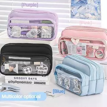 Изысканный прозрачный пенал для студента, большая вместимость, многофункциональная, удобная сумка для хранения канцелярских принадлежностей синий