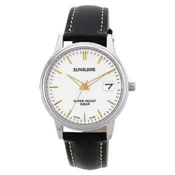 J-AXIS Мужская MJG-D09-BK (Серебряный/черный кожаный ремешок для мужчин Sun Flame) Круглые часы, черные, аналоговые