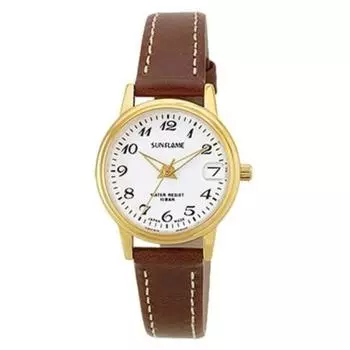 J-AXIS женские MJL-D09-BR (Женский кожаный ремешок с золотым/коричневым принтом «Пламя солнца») Круглые часы коричневые аналоговые