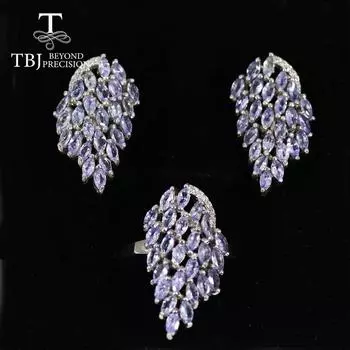 J «Fly wing» натуральный танзанит кольцо серьги комплект ювелирных изделий стерлингового серебра 925 роскошные женские ювелирные изделия юбилейная одежда us ring size 6# синий