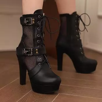J/женские короткие сапоги на высоком каблуке, весенне-осенние водонепроницаемые короткие сапоги на платформе и толстом каблуке, большие размеры 34 чёрный