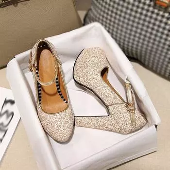 J/Женские туфли на высоком каблуке, одинарные туфли, водонепроницаемая платформа, толстый каблук, блестящие и элегантные бальные и банкетные туфли, большой размер, всесезонная женская обувь. 34 белый