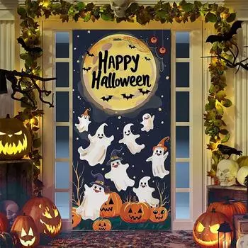 Jack Pumpkin Lights Ghosts Graveyard Cobwebs Skulls Bones Halloween Door Hanging Banner for Halloween Decoration 90x200 cm