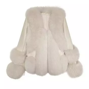 Jacket imitation fox fur splicing fur jacket short women s thickened large size casual fur long sleeves S бежевый