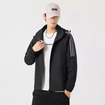 Jacket Men s Spring and Autumn Trend Hooded Casual Jacket Men s Gown Three-Bar Sports Versatile Top Jacket M синий