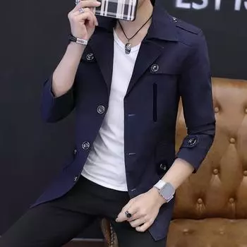 Куртка мужская весенняя новая мода средний и длинный мужской тренчкот, чистый хлопок стираный повседневная куртка M