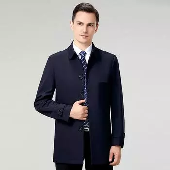 Куртка Весна и Осень Одежда для отцов Шелковая куртка Mulberry на пуговицах Для руководителей среднего и пожилого возраста Государственных служащих Ветровка средней длины 170