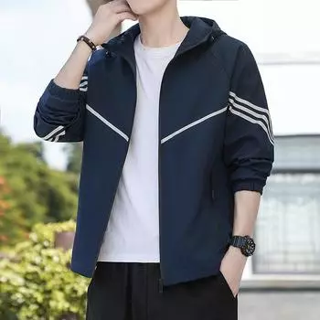 Jacket Spring and Autumn Style Middle-aged and Young Three-bar Sports Jacket Men s Top Loose Outdoor Windproof Coat Hooded M синий