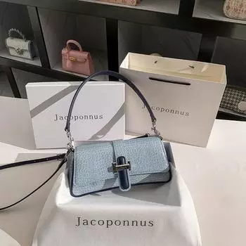 Jacob Genuine Leather Crocodile Pattern Niche Style Shoulder Baguette Bag Crocodile blue with navy blue