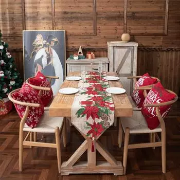 Jacquard Polyester Cotton Christmas Flower Table Flag Bed Tail Flag Christmas Decoration Cover Cloth Table Cloth Manufacturer 35x140cm