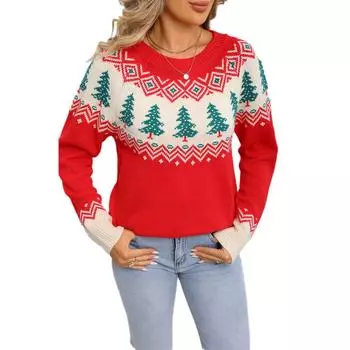 Jacquard Women s Christmas Tree Pullover Knitted Christmas Sweater Casual Loose Long-sleeved Top S красный